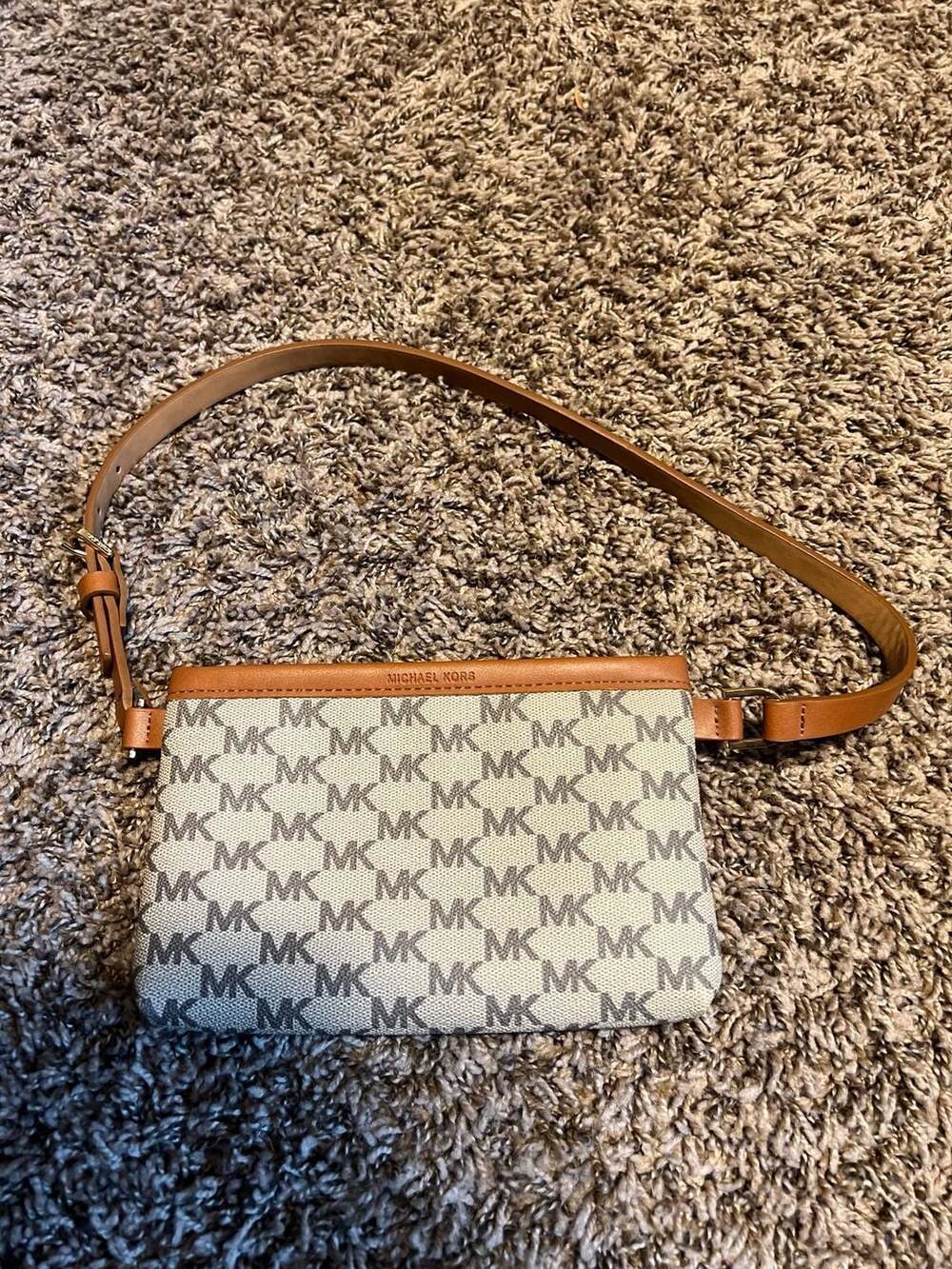 Michael Kors Signature Logo Belt Bag Fanny Pack Tan and Grey